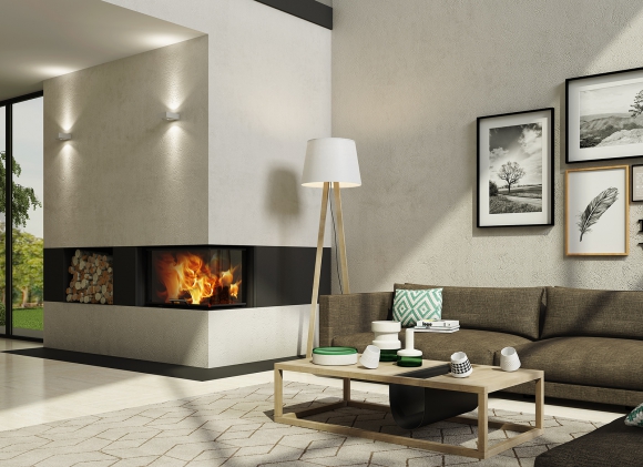 HEAT R/L 3g L 65.51.40.01(21) - narożny powietrzny wkład kominkowy z wysuwanymi drzwiczkami i giętą (łączoną) szybą