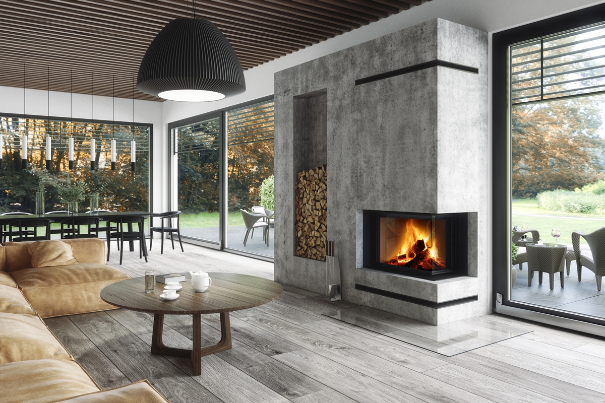 IMPRESSION R/L 2g L 83.60.34.21 - narożny wkład kominkowy z wysuwanymi drzwiczkami i łączoną szybą