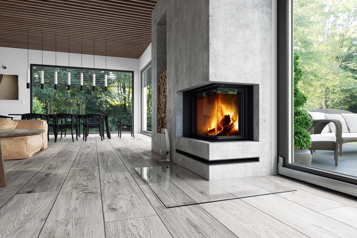 IMPRESSION R/L 2g L 83.60.34.21 - narożny wkład kominkowy z wysuwanymi drzwiczkami i łączoną szybą